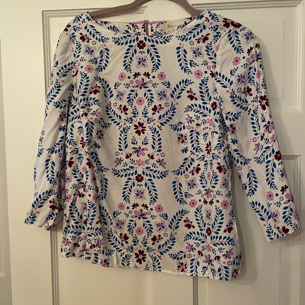 Boden White Floral-Print Cotton Blouse with Blue and Pink Accents